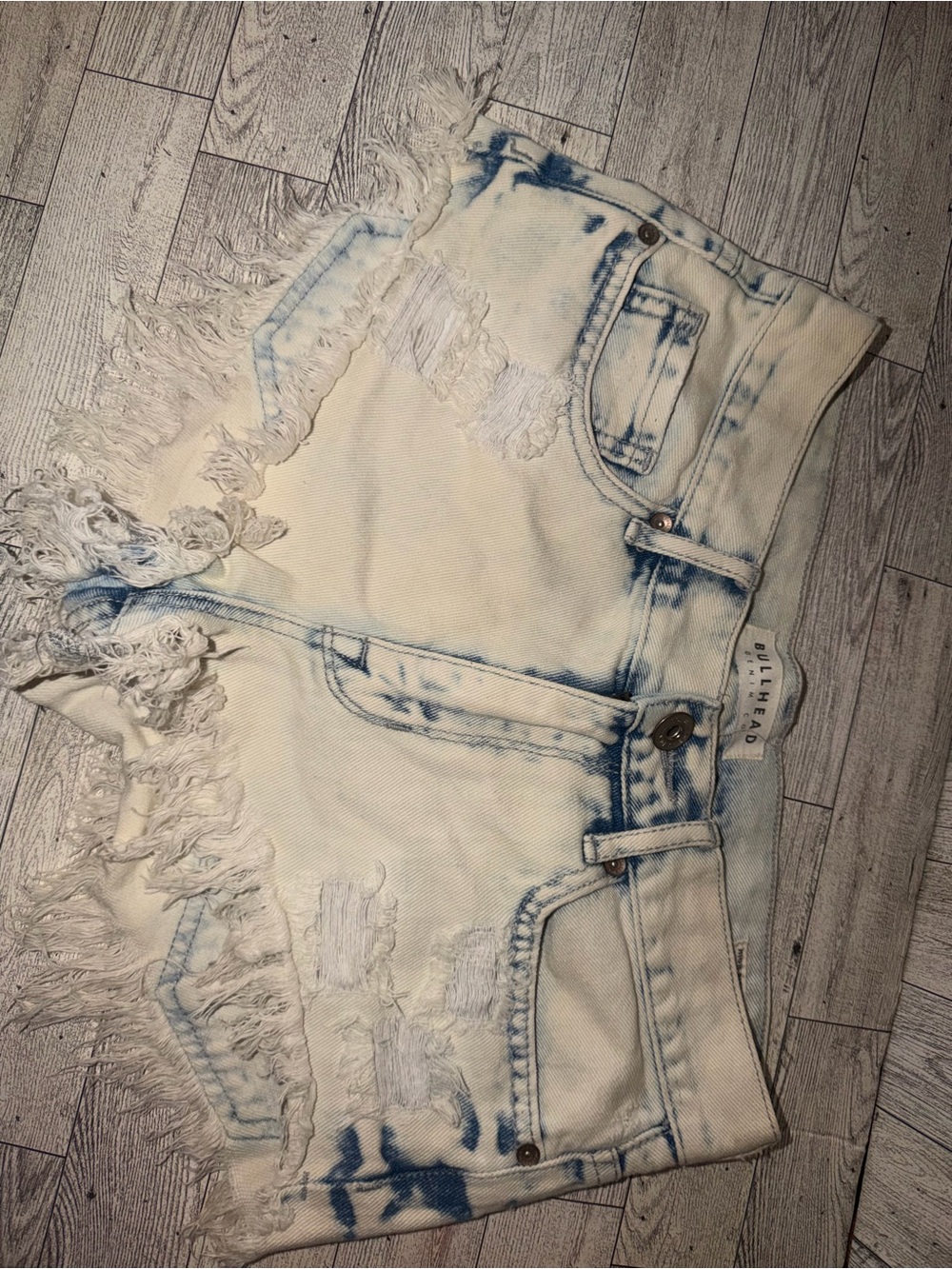 Bullhead White Denim Frayed High-Rise Shorts with Light Blue Wash